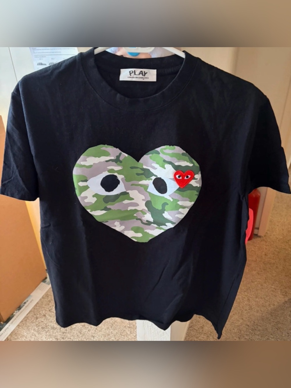 Comme des Garçons Black Tee with Green Camo Heart and Red Heart Logo